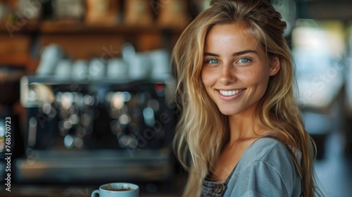 Smiling young barista at coffee shop with bokeh lights background.