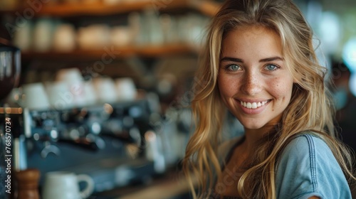 Portrait of a smiling young woman in a cafe