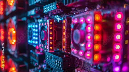 Closeup on a mining rig with glowing LEDs, showcasing the hardware used in cryptocurrency mining and the energy it consumes , vibrant