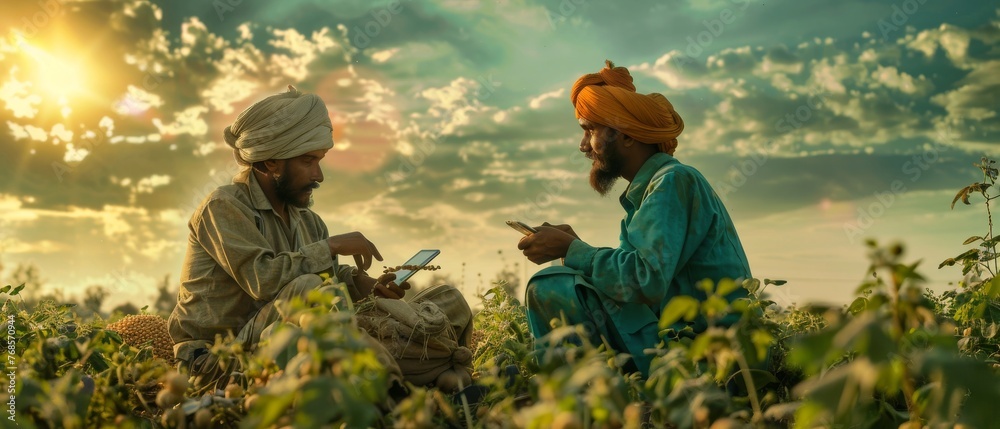 Working in a chickpea field, two young farmers use the tablet to talk and work together