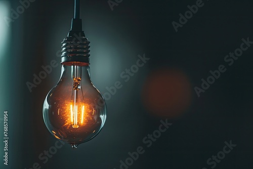 A single glowing light bulb suspended in front of a plain