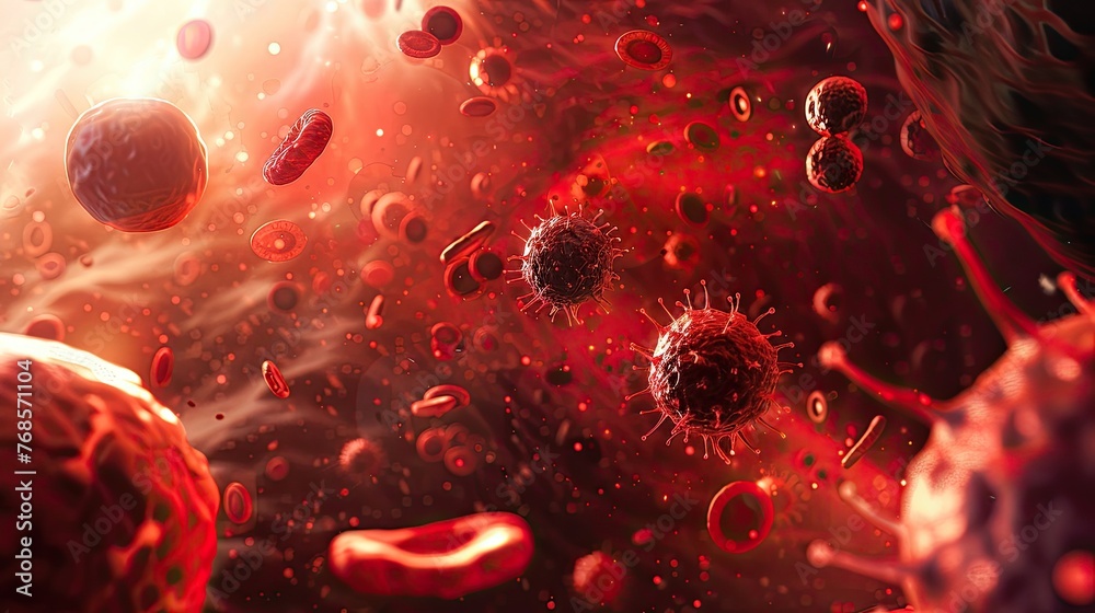 A dynamic scene of nanoparticles flowing through a bloodstream targeting and destroying cancer cells A dynamic scene of nanoparticles flowing through a bloodstream targeting and destroying cancer cells