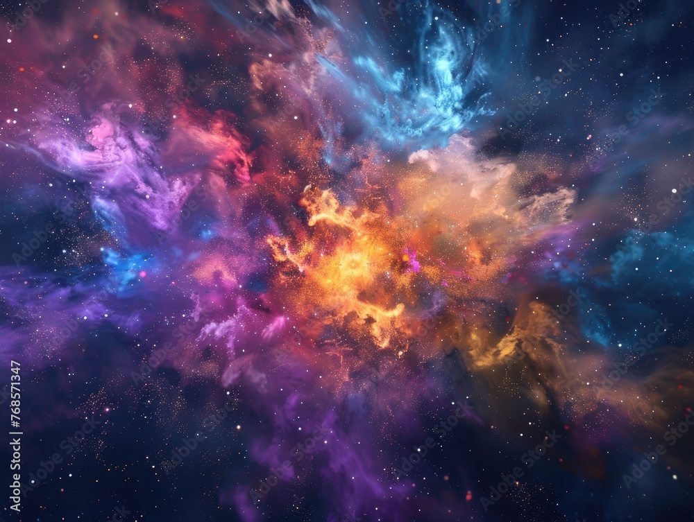 abstract 3D explosion of colors and shapes simulating a cosmic event in deep space