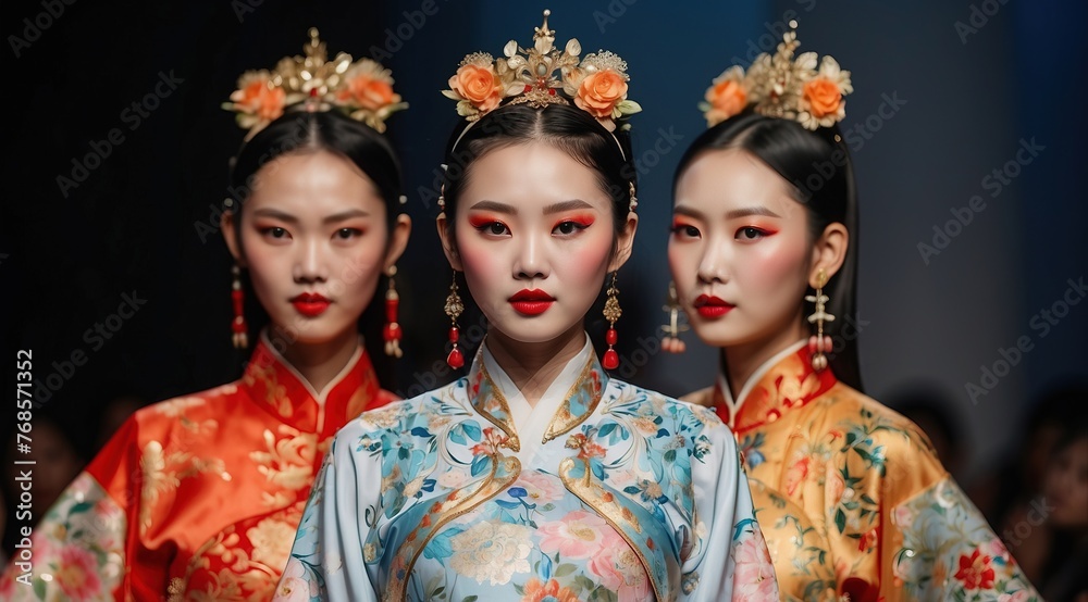 High fashion show with beautiful chinese woman models in traditional casual colorful outfits High fashion show with beautiful chinese woman models in traditional casual colorful outfits
