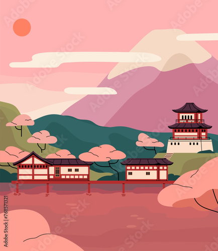 Spring nature in Asia: mountains, sakura tree blossom, tea plantations on hills. Old Japanese buildings, pagoda on lake shore. China countryside. Sunrise landscape in Japan. Flat vector illustration