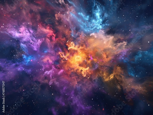 abstract 3D explosion of colors and shapes simulating a cosmic event in deep space