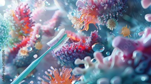 An abstract representation of the battle against tooth decay with stylized bacteria and toothbrushes clashing