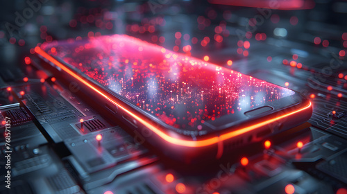 Close-up image of a smartphone laying on a detailed circuit board illuminated by glowing red light points, depicting data processing or network activity