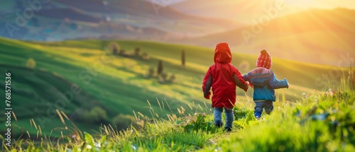 An outdoor spring field is being visited by two children. photo