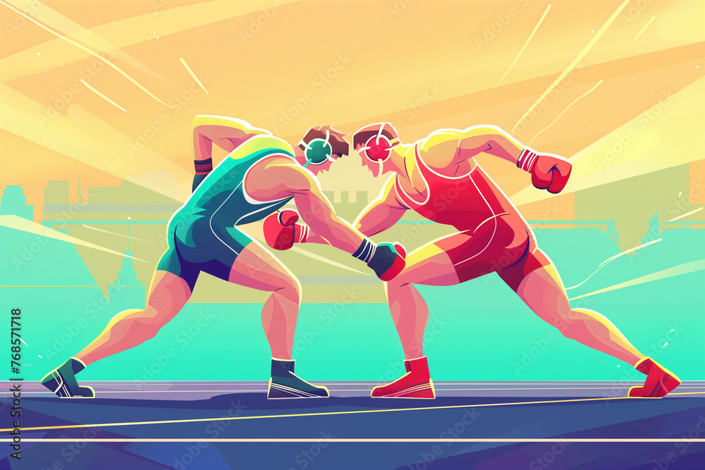 Wrestling fight championship competitions. Modern design with Grainy gradients color. Vibrant bright colors. competition and victory. Olympics Sport. Generative AI