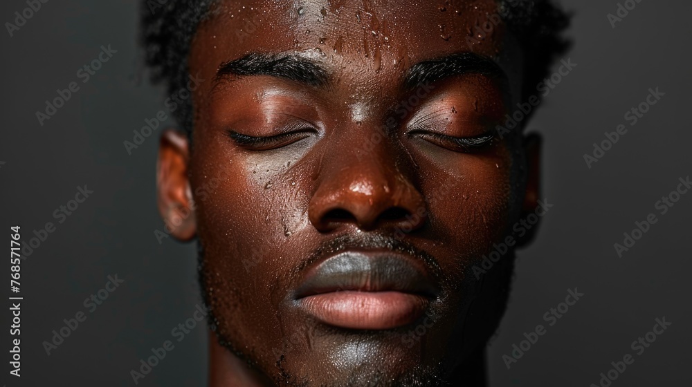 Close-up portrait of a man with water drops on his face.