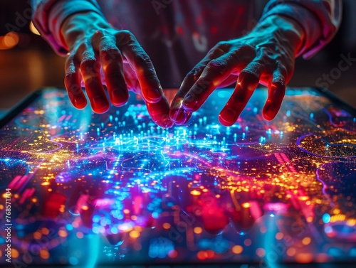 Detailed view of an AR developers hands placing digital objects in a realworld setting through a tablet, blending physical and digital realms , vibrant photo