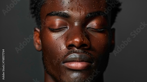 Close-up portrait of a man with water drops on his face.