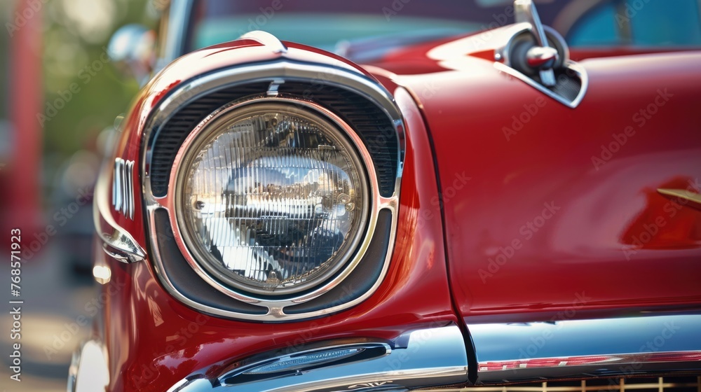 Close-up of a classic car headlight with bokeh effect.