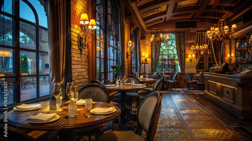 Luxurious restaurant interior with elegant table settings.