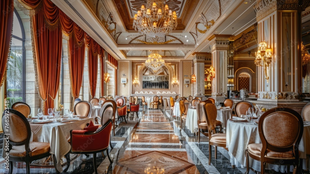 Fototapeta premium Luxurious restaurant interior with elegant table settings.