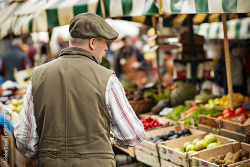 male in a flat cap and vest browsing outdoor market stalls © studioworkstock