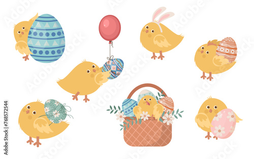 Vector Easter stickers set with cute cartoon chicken and easter eggs