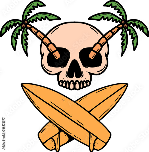 Skull with crossed surfers boards. Vector illustration