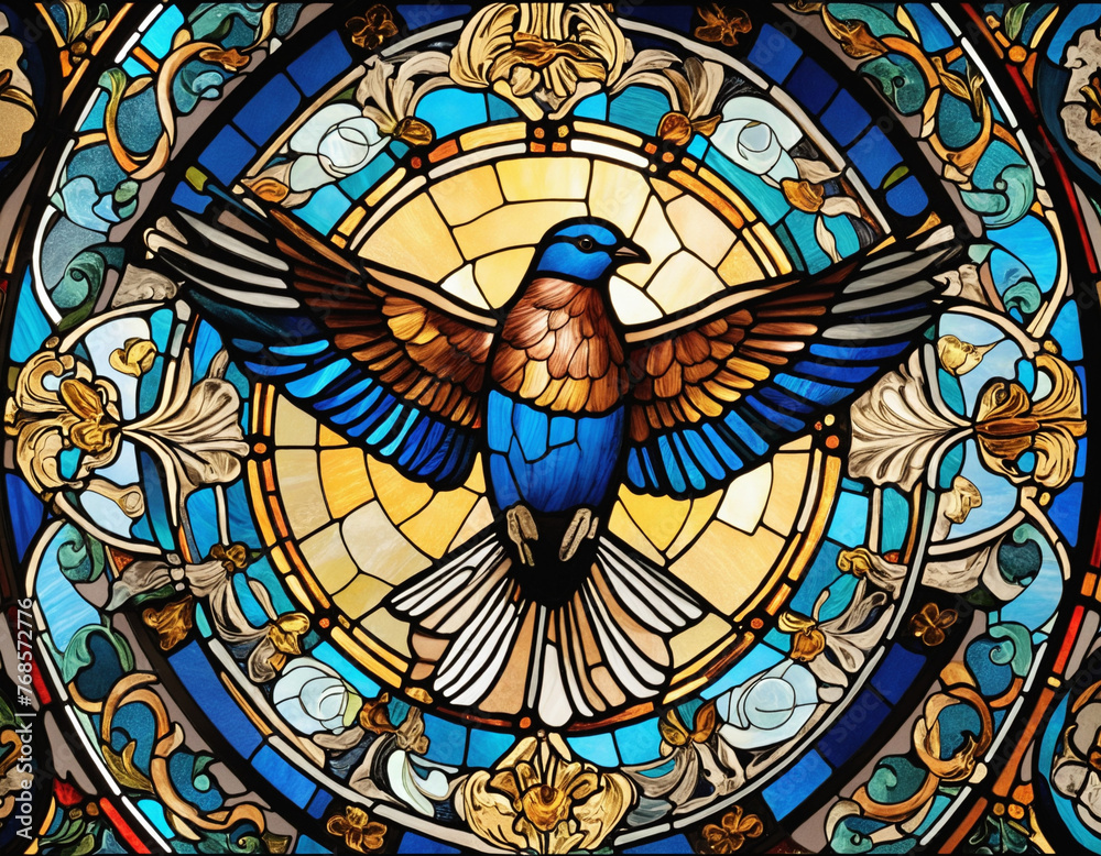 Colorful stained-glass Winged dove, a representation of the New Testament Holy Spirit colorful background