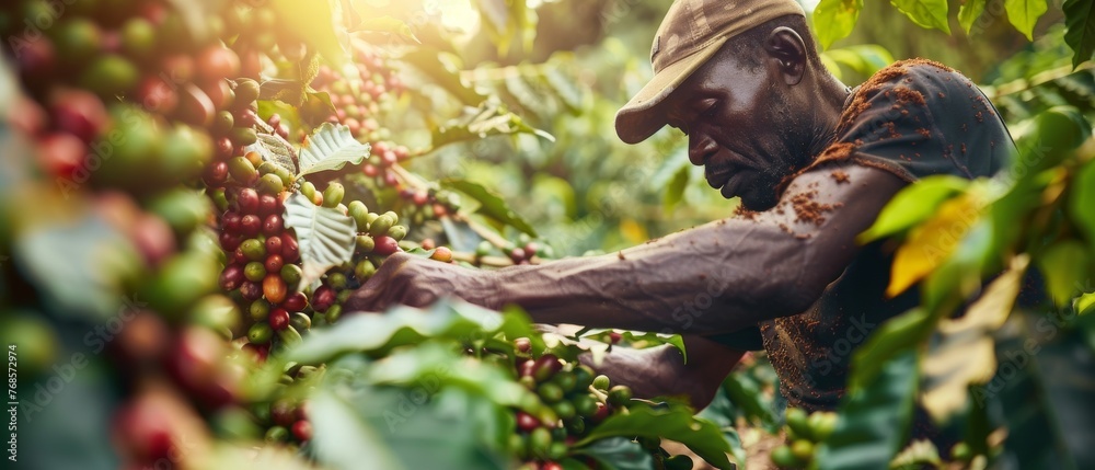 Plantation worker gathers coffee beans in bushy forest