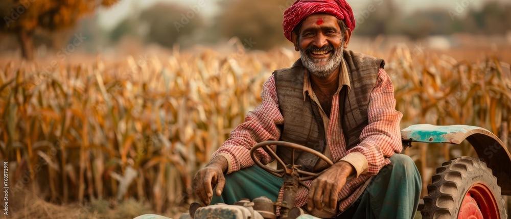 Field with tractor and happy Indian farmer