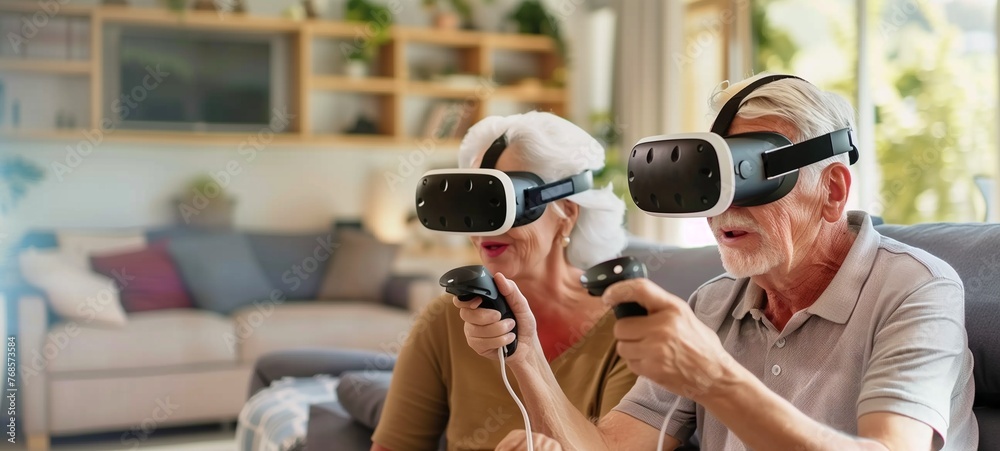 Senior couple immersed in a virtual reality experience. An elderly man and woman wearing VR headsets, holding controllers, and enjoying a 3D video game, set against a cozy living room backdrop.