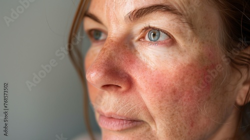 Close-up of a woman's face showing signs of rosacea. The details of her condition, with visible redness and inflammation on the cheeks and nose. photo