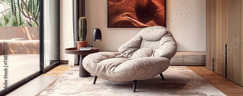 Modern living room featuring oversized plush armchair in textured fabric with round wooden side table and minimalist lamp. Room has large windows with view of cacti greenery