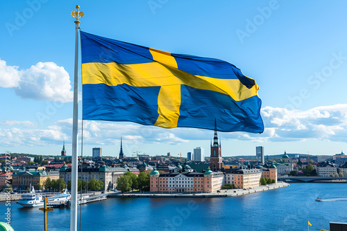 Sweden Flag Waving. Stockholm Skyline in the Background. Modern city architecture. Country flag concept. Beautiful landscape view.