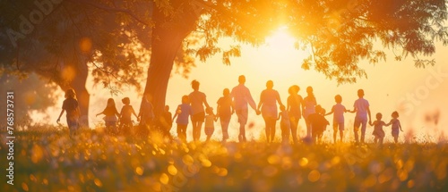 A large family walking silhouette on a beautiful sunset in a park. Big family kid dream concept. We are all one family.