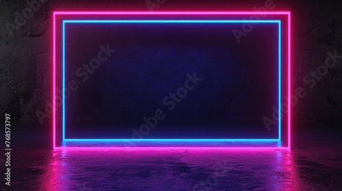 Square rectangle picture frame with two tone neon color on black wall and floor © Eyepain