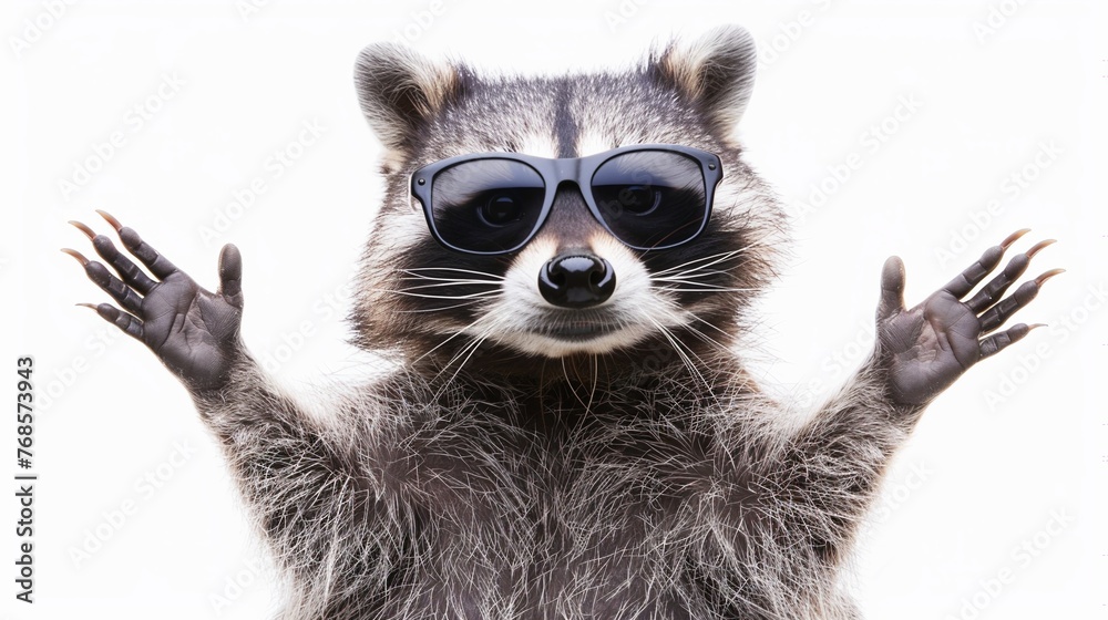Raccoon posing on white background studio shot.