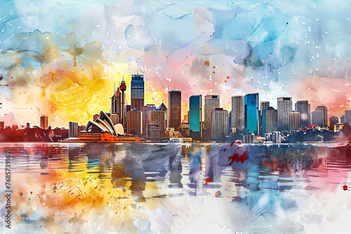 Colorful abstract art skyline of Sydney, Australia. Watercolor painting of cityscape, skyscrapers in paint. City illustration concept. photo