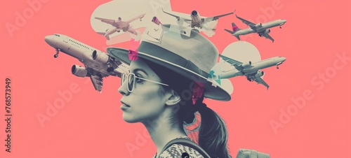 Cut-and-paste portrait of a woman overlaid with airplanes. A woman wearing sunglasses and a hat, set against a vivid coral background with multiple planes, suggesting themes of travel and adventure.