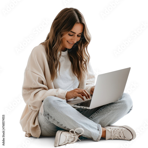 35 year old woman, sitting on the floor, using MacBook, silver laptop on transparency background PNG © Sim