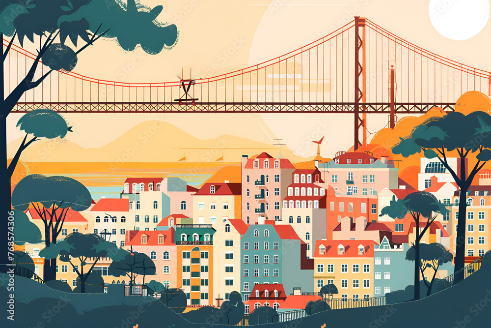 A simple and flat vector city skyline art illustration concept of Lisbon city in Portugal.