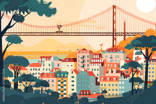 A simple and flat vector city skyline art illustration concept of Lisbon city in Portugal.
