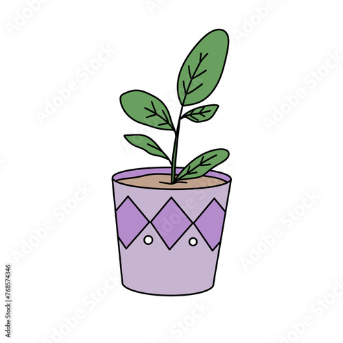 A cartoon drawing of a plant in a purple pot. The plant is small and has green leaves. The pot is decorated with a pattern of diamonds