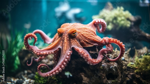 Vivid close up of octopus in ocean depths, featuring diverse marine life for sea inhabitants concept