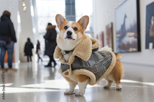 corgi in a trendy coat standing in a modern art gallery