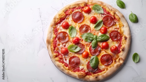 Over white pizza, delicious Italian food