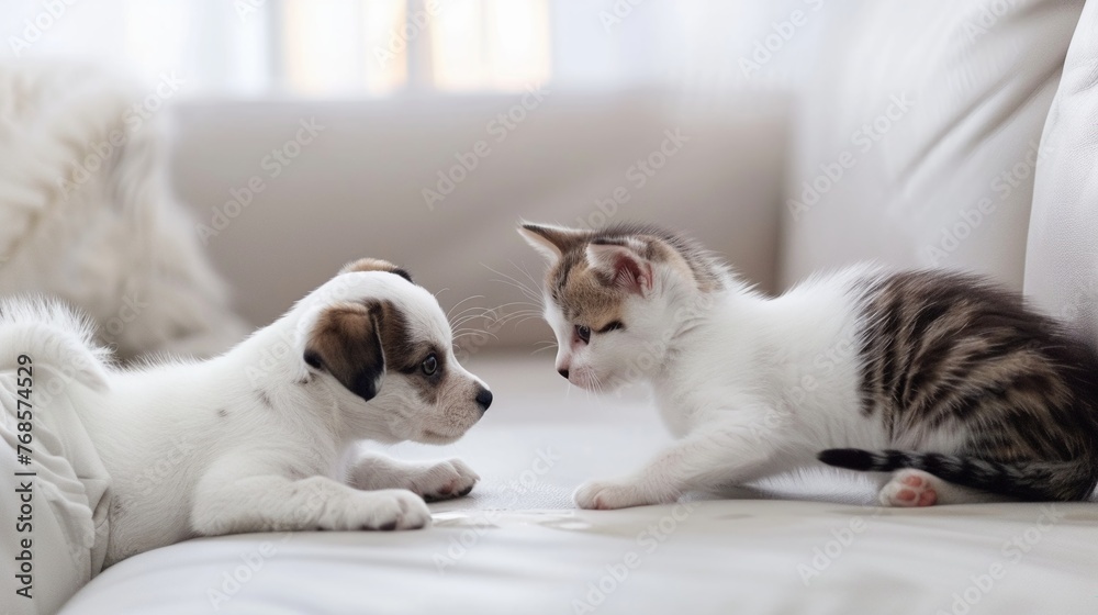 Cute kitten and puppy playing together on sofa in living room at home. Healthy and active pets.