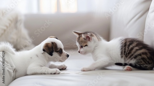 Cute kitten and puppy playing together on sofa in living room at home. Healthy and active pets. © RMTH
