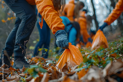 Close up of eco volunteers picking up plastic trash in a park, activists collecting garbage to protect the planet and save the environment.