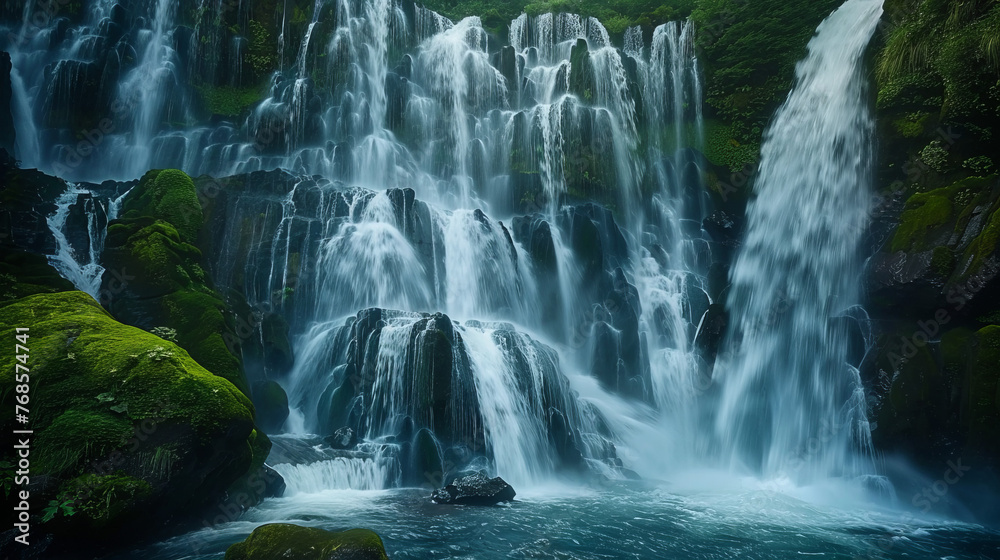 The image showcases a wide view of breathtaking waterfalls surrounded by the deep green tones of a pristine forest The image showcases a wide view of breathtaking waterfalls surrounded by the deep green tones of a pristine forest