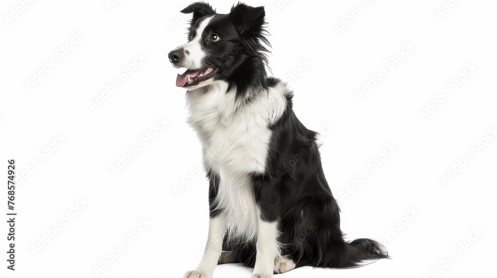 An elderly Border Collie, 1.5 years old, sits and stares off into the distance against a white background