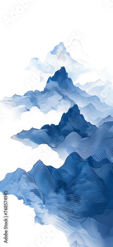 Chinese Landscape Inspired  Minimalist Blue Mountain  Monochrome Lines  Light Transparency