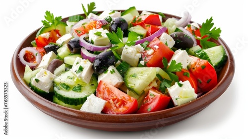 Cheese salad and fresh vegetables on a white background. Greek salad.