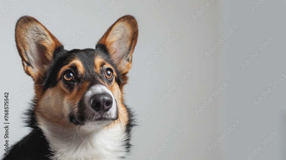 An image of a tri colored brown black and white corgi looking forward against a white background is captured in a studio shot